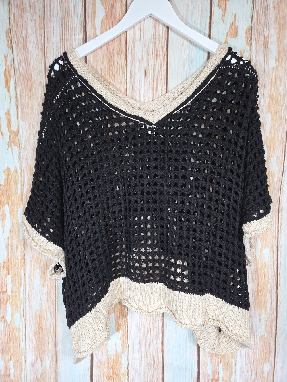 POL Black Crochet V-Neck Sweater with Cream Peace Sign. Size Large - Picture 5 of 5